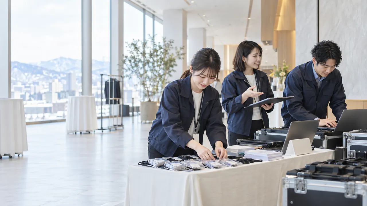 イベント会場で受付準備とパソコン設定を行うヘルプスタッフ